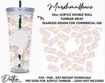 Marshmallows Vaso de acrílico de doble pared de 24 onzas SVG PNG Dxf Candy Sweets CutFile 24oz Venti Cup Descarga digital Snow Globe Cup