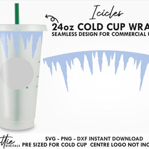 Könnte beinhalten: Ein 24 Unzen kalter Becher-Überzug mit einem Design aus weißen Eiszapfen auf hellblauem Hintergrund. Das Design ist nahtlos und kann für kommerzielle Zwecke verwendet werden. Der Text "Icicles" und "24oz COLD CUP WRAP" ist im Bild enthalten.