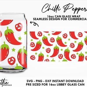Chili Peppers 16 oz Glass Can Cutfile SVG PNG DXF - Hot Spicy Chilli 16oz  Can Wrap Cup Cutting File - Instant Digital Download