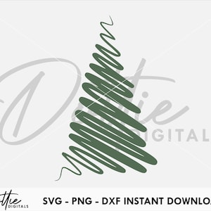 May include: A green stylised hand-drawn Christmas tree design. The tree is made up of a series of curved lines that create a layered effect.