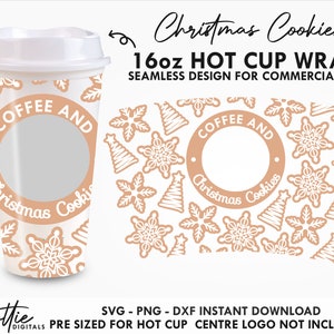 May include: A white 16oz hot cup wrap with a Christmas Cookies design. The wrap features a repeating pattern of snowflakes and Christmas trees in a light brown color. The cup has the words "Coffee and Christmas Cookies" printed on it.