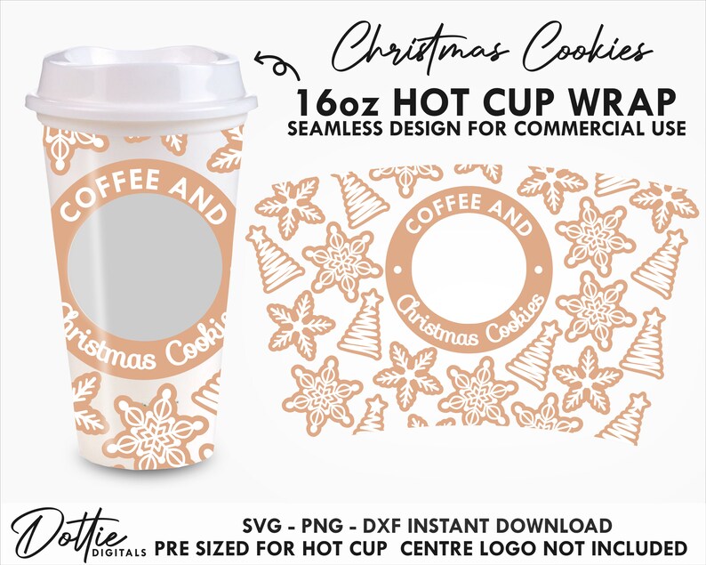 May include: A white 16oz hot cup wrap with a Christmas Cookies design. The wrap features a repeating pattern of snowflakes and Christmas trees in a light brown color. The cup has the words "Coffee and Christmas Cookies" printed on it.