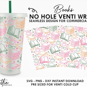 May include: A digital design for a reusable cold cup wrap featuring a seamless pattern of books, glasses, and coffee cups. The design is pre-sized for a venti cold cup and is available for instant download in SVG, PNG, and DXF formats.