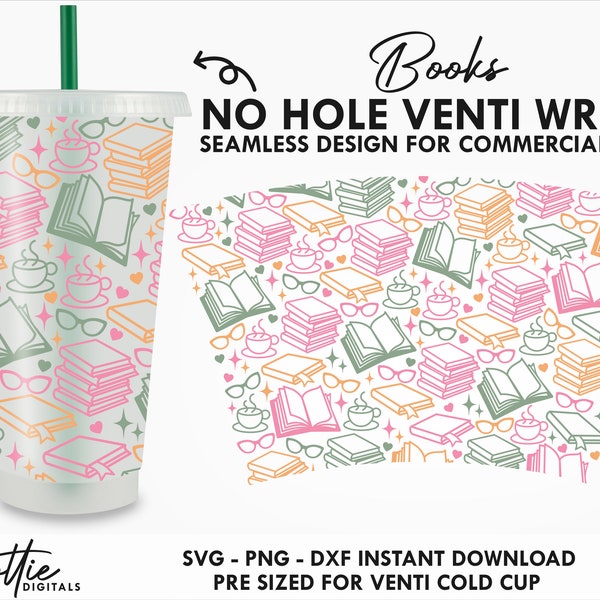 Books Sbux Cold Cup No Hole SVG PNG Dxf No Gap Reading Library Coffee Cup Glasses Full Wrap Cutting File 24oz Venti Cup