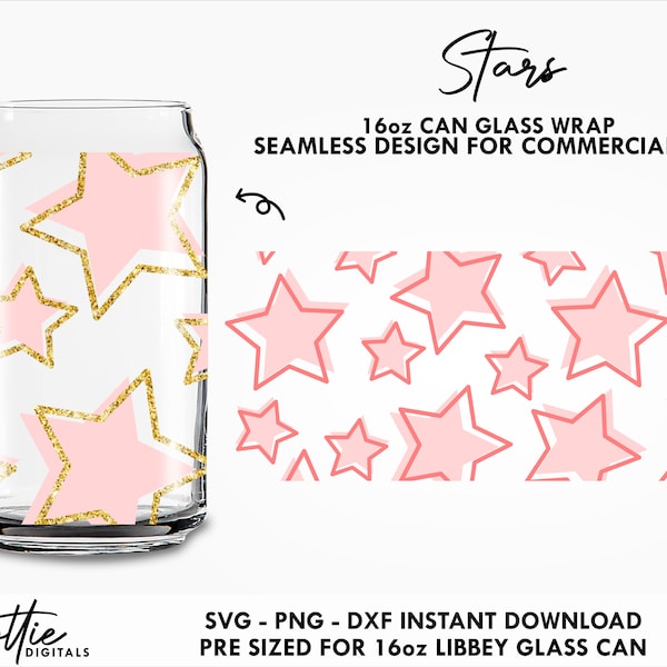 Stars 16 oz Glass Can Cutfile SVG PNG DXF - Layered Outline Star 16oz  Can Wrap Cup Cutting File - Instant Digital Download