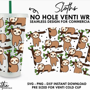 Sloths Sbux Cold Cup No Hole SVG PNG Dxf No Gap Sleeping Animals Cute Sloth Full Wrap Cutting File 24oz Venti Cup Art Vector Graphic