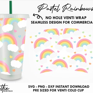 May include: A digital download for a reusable cup wrap featuring a pastel rainbow and cloud pattern with small hearts. The design is pre-sized for a venti cold cup and is seamless for commercial use. The text "Pastel Rainbows" and "No Hole Venti Wrap" is included in the design.