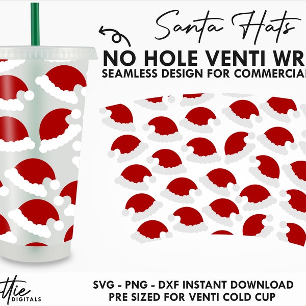 Christmas Santa Hats Sbux Cold Cup No Hole SVG PNG Dxf No Gap Festive Hat Xmas Holidays Full Wrap Cut File 24oz Venti Cup