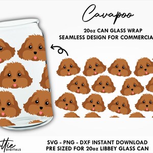 Puede incluir: Un patrón sin costuras de caras de perros Cavapoo marrones sobre un fondo blanco. El patrón está diseñado para una envoltura de lata de vidrio de 20oz. El texto "Cavapoo" y "20oz CAN GLASS WRAP" está incluido en la imagen. El texto "SEAMLESS DESIGN FOR COMMERCIAL USE" también está incluido en la imagen. El texto "SVG - PNG - DXF INSTANT DOWNLOAD" está incluido en la imagen. El texto "PRE SIZED FOR 20oz LIBBEY GLASS CAN" también está incluido en la imagen.