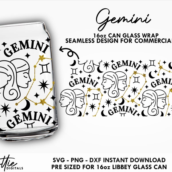 Gemini 16 oz  Glass Wrap SVG Star Sign Zodiac Symbol Twins Constellation  Can Png DXF  Cup Cutting File Digital Download