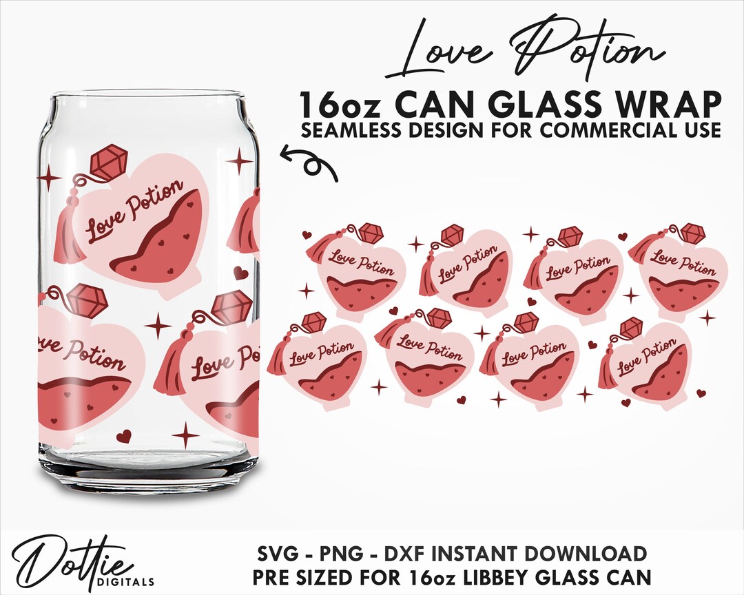 Love Potion 16oz Glass Can Wrap SVG 16oz PNG DXF Cup Love Heart Bottle ...