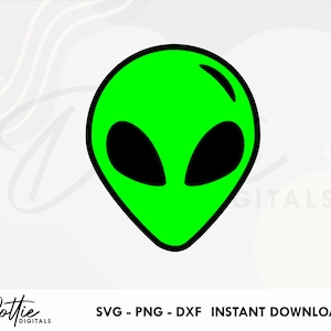 May include: Green alien head with black eyes.  The alien head is a simple cartoon design.