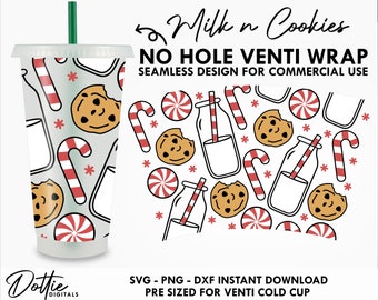 Christmas Milk and Cookies Candy 24oz Cold Cup No Hole SVG PNG Dxf No Gap Festive Xmas Snacks Candy Full Wrap Cut File 24oz Venti Cup