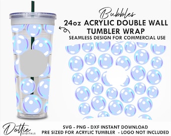 Bubbles Sbux 24oz Acrílico Vaso SVG PNG DXF - Gotas de agua Jabón Suds Bath Time Doble pared 24oz Venti Cup - Snow Globe Confetti Cup