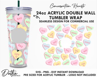 Heart Candy Sbux Double Wall Acrylic Tumbler SVG PNG DXF Love Heart Sweets Valentines 24oz Venti Cup Digital Download Snow Globe