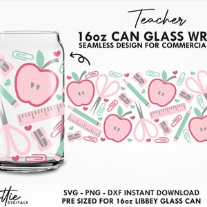 Skollärare Glas Wrap SVG Pennfodral Stationärt Apple Elementary Dagis 16oz Burk Svg PNG DXF Cup Skärfil Digital Nedladdning