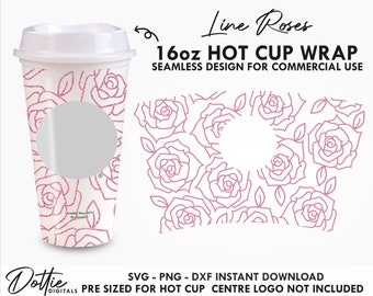 Line Drawing Roses Sbux Hot Cup SVG Floral Rose Hot Cup Svg PNG DXF Valentines Day Cutting File 16oz Grande Instant Digital Download