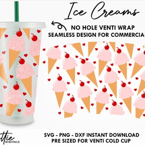 Eiscreme Sbux kalte Tasse kein Loch SVG PNG DXF No Gap Wüste Eistüten Full Wrap Schneiden Datei 24 Unzen Venti Cup Digital