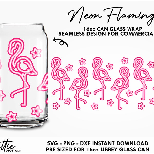 Neon Flamingos Glass Wrap SVG Summer Neon Sign 16oz Can Svg Png DXF Cup Glowing Pattern Cutting File Digital Download