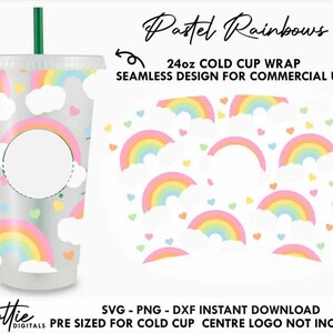 Arco iris y nubes Sbux Cold Cup SVG PNG DXF Gay Pride Rainbow Lgbt Archivo de corte 24oz Venti Cup Descarga digital instantánea Svg Cricut