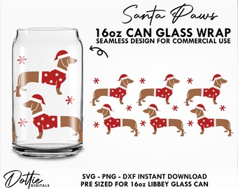 Santa Paws Christmas Sausage Dog Glass SVG Festive Puppy Dachshund 16oz Beer Can Wrap Svg PNG DXF Cut File Digital Download