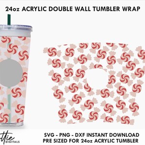 Könnte beinhalten: Eine 24 Unzen Doppelwand-Acryl-Tumbler-Hülle mit einem roten und rosa Zuckerstangenmuster. SVG-, PNG- und DXF-Dateien sind enthalten. Das Design ist für einen 24 Unzen Tumbler vorformatiert.
