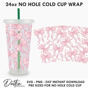 May include: A pink and white 24 ounce no hole cold cup wrap with a bow pattern. SVG - PNG - DXF Instant Download. Pre-sized for no hole cold cup.