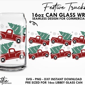 May include: A digital download design for a 16oz glass can wrap featuring a seamless pattern of red trucks carrying green Christmas trees. The design is perfect for commercial use.