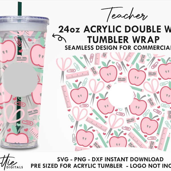 School Teacher Sbux 24oz Pencil Case Back to School Pattern Acrylic Tumbler SVG PNG DXF Double Wall 24oz Venti Cup Snow Globe Confetti Cup