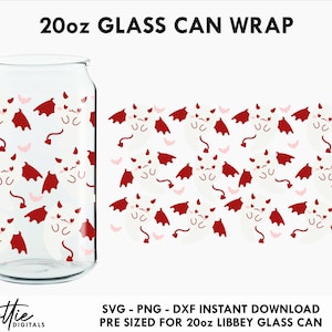 May include: A 20oz glass can wrap featuring a repeating pattern of white cartoon devils with red wings and pink tails. The text "20oz GLASS CAN WRAP" is at the top of the image.