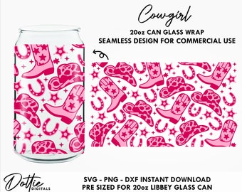Cowgirl 20 oz  Glass Can SVG  Can Cowboy Hat Wild West Western Wrap Svg PNG DXF  Cup Cutting File Instant Can Sublimation