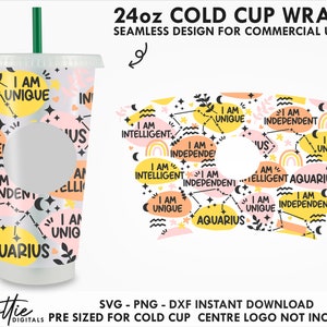 Verseau Affirmations Sbux Cold Cup SVG PNG Dxf Zodiac Traits Inspirational Star Cut File 24oz Venti Cup Instant - Cricut Cameo Template