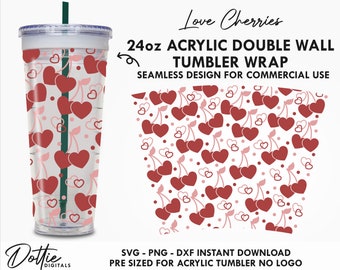 Love Cherries Vaso de acrílico de 24 oz Sin agujero Día de San Valentín SVG PNG DXF Doble pared 24 oz Venti Cup Snow Globe - Dottie Digitals