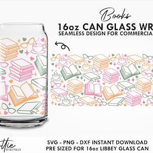 May include: A seamless design for a 16oz glass can wrap featuring a pattern of books, coffee cups, glasses, and hearts in pink, orange, and green. The design is pre-sized for a 16oz Libbey glass can.