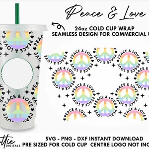Paz e amor Sbux Cold Cup SVG PNG DXF Gay Pride Rainbow Hippy Lgbt Arquivo de corte 24 onças Venti Cup Download digital instantâneo Svg Cricut