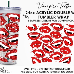 Dientes de vampiro de Halloween Vaso acrílico de 24 oz Sin agujero SVG PNG DXF Labios de otoño Colmillos Doble pared 24 oz Venti Cup - Licencia comercial