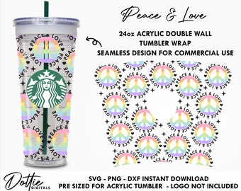 Peace and Love Starbucks Double Wall Acrylic Tumbler SVG PNG Dxf Rainbow Pride Cutting File 24oz Venti Cup Digital Download Snow Globe Cup