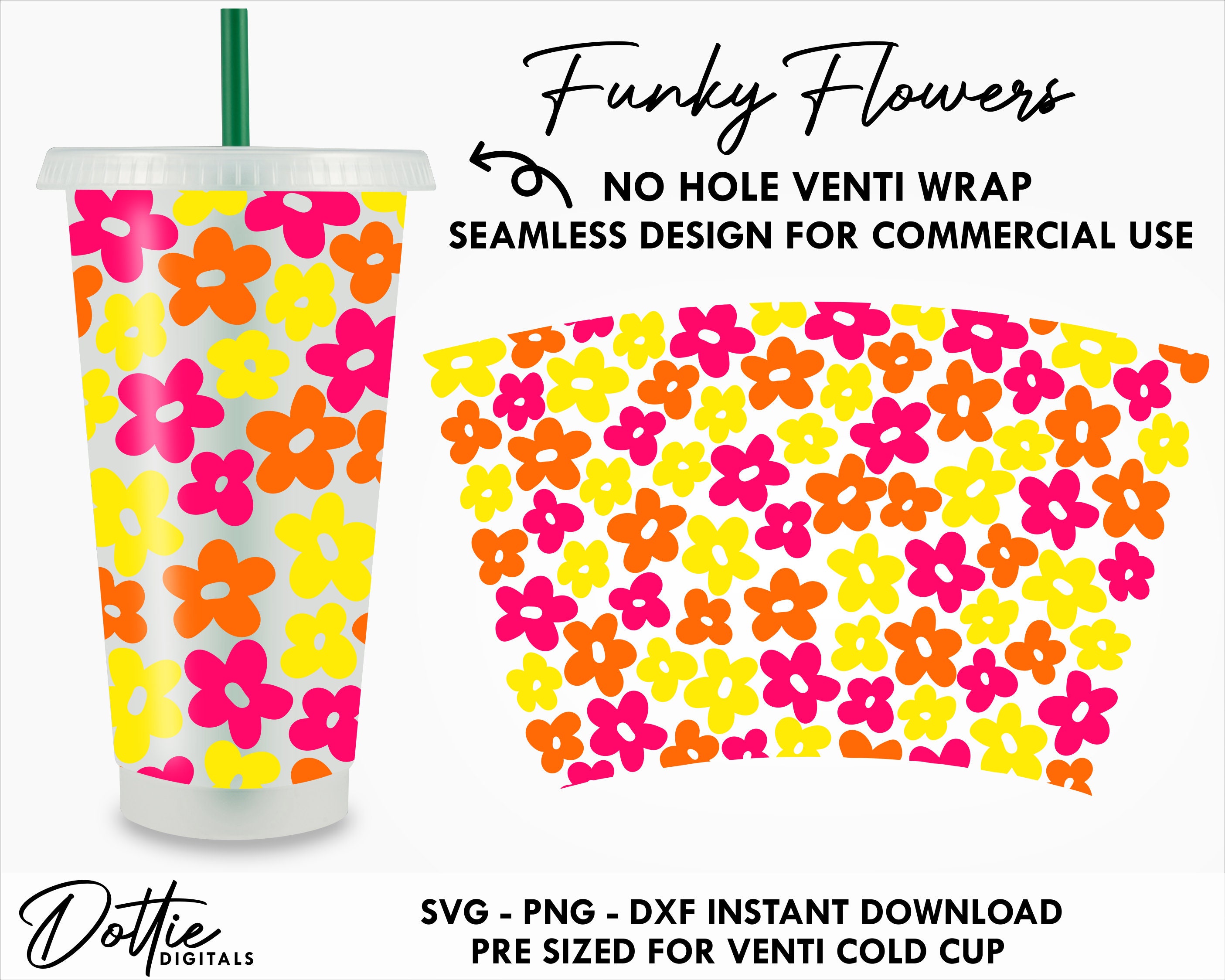 Funky Flowers Sbux Cold Cup No Hole SVG PNG Dxf No Gap Retro 80's Hippy ...