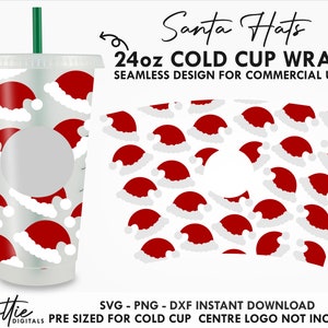 May include: A 24 ounce cold cup wrap featuring a seamless pattern of red and white Santa hats. The design is pre-sized for a cold cup and includes a space for a logo in the center.  "Santa Hats" and "24oz COLD CUP WRAP" are written in black text at the top of the image.