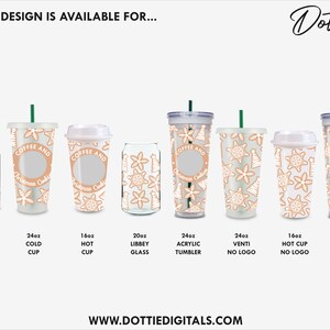 May include: A collection of clear drinkware featuring a gingerbread cookie design. The image includes various sizes of glasses, cups, and tumblers, with the text "Coffee and Christmas Cookies" on some. The available sizes are 16oz, 20oz, and 24oz.