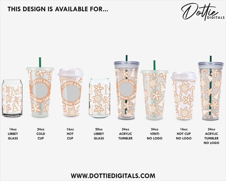 May include: A collection of clear drinkware featuring a gingerbread cookie design. The image includes various sizes of glasses, cups, and tumblers, with the text "Coffee and Christmas Cookies" on some. The available sizes are 16oz, 20oz, and 24oz.