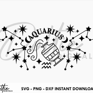 May include: Black and white illustration of the Aquarius zodiac sign with a constellation of stars and the word "Aquarius" in a retro font.