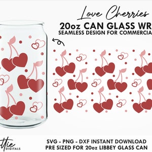 May include: A digital download of a 20oz can glass wrap design featuring a seamless pattern of red cherries with hearts. The design is pre-sized for a 20oz Libbey glass can. "Love Cherries" is written at the top of the image.