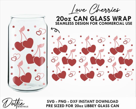 Love Cherries 20 oz Beer Glass Can SVG Beer Can Valentine's Day Wrap Svg PNG DXF Love Heart Beer Cup Cutting File Can Sublimation Design