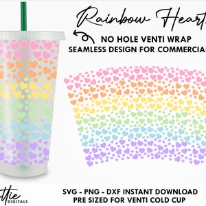 Rainbow Hearts Cold Cup No Hole SVG PNG Dxf No Gap Cute Pride Equality Love Heart Pre Sized Pattern Full Wrap Cutting File 24oz Venti Cup