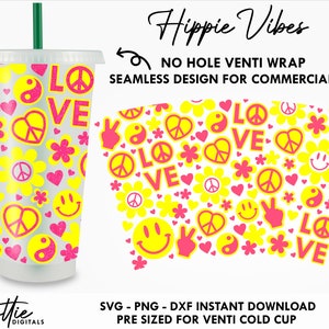 May include: A digital download for a reusable cup wrap featuring a seamless pattern of peace signs, hearts, flowers, smiley faces, and the word "love" in pink and yellow on a white background. The text "Hippie Vibes" and "No Hole Venti Wrap" is also included in the image.