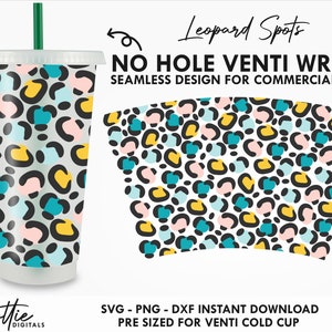 May include: A digital download for a leopard print cold cup wrap. The design is seamless and pre-sized for a venti cup. The wrap features a black, white, pink, yellow, and teal leopard print.