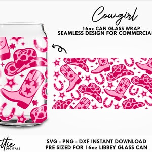 Cowgirl Glass Wrap SVG Wild West Cowboy Boots Hat Western Pink Rodeo 16oz Can Svg PNG DXF Cup Cutting File Digital Download