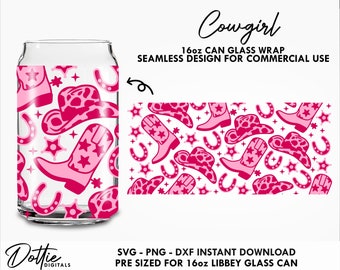 Cowgirl Glass Wrap SVG Wild West Cowboy Boots Hat Western Pink Rodeo 16oz Can Svg PNG DXF Cup Cutting File Digital Download
