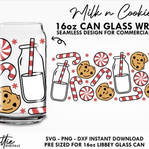 Milch und Kekse Candy Glas SVG festliche Santa Snacks Weihnachten 16 Unzen kann wickeln SVG PNG DXF Cup geschnitten Datei digitaler Download